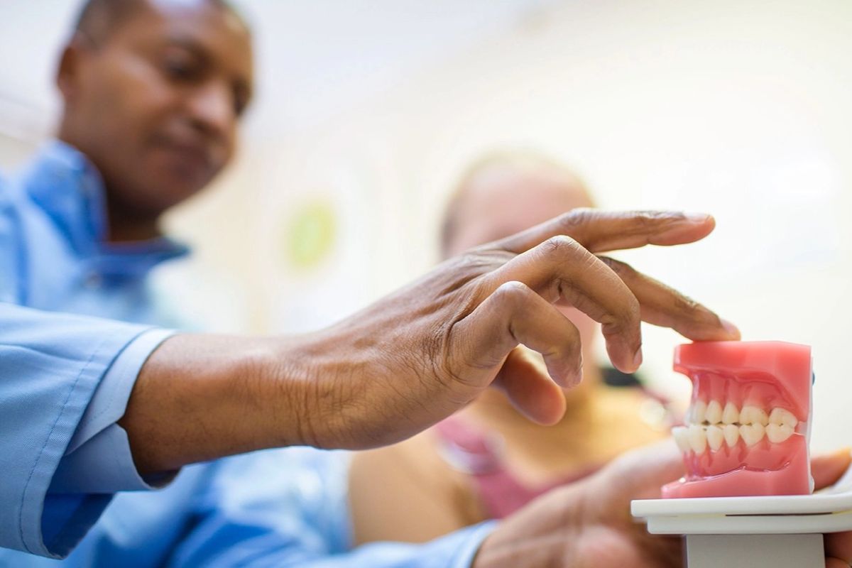 dentist showing a dental denture to a patient during consultation